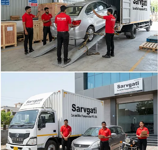 Sarvgati Jaipur team with closed container truck for car and bike transport services