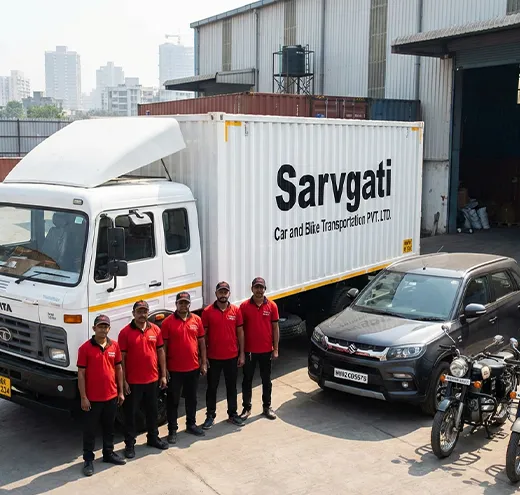 Professional car and bike transport team in Mumbai with closed container carrier truck and vehicles
