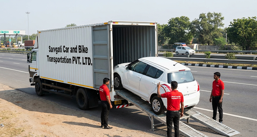 Closed container car carrier truck transporting car safely across India with full enclosure protection