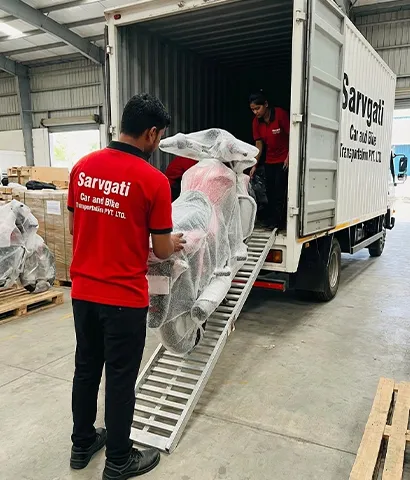 Motorcycle being packed with protective materials for transport