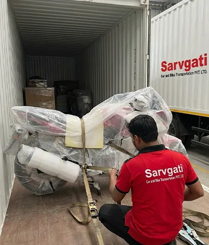 Bike secured inside a container for safe transit