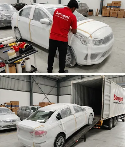 Car being packed with protective material before loading