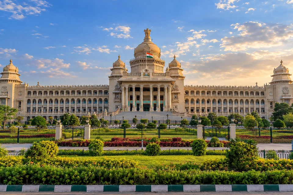 Illustration: Illustrative city view of Vidhana Soudha facade and landscaped foreground