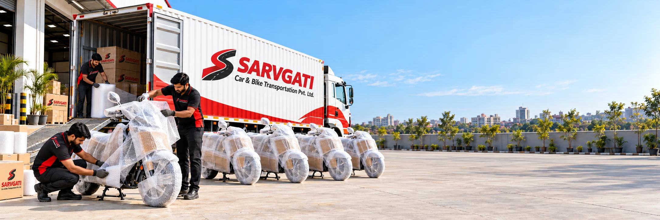 Illustration: Sarvgati team packing motorcycles beside a branded carrier
