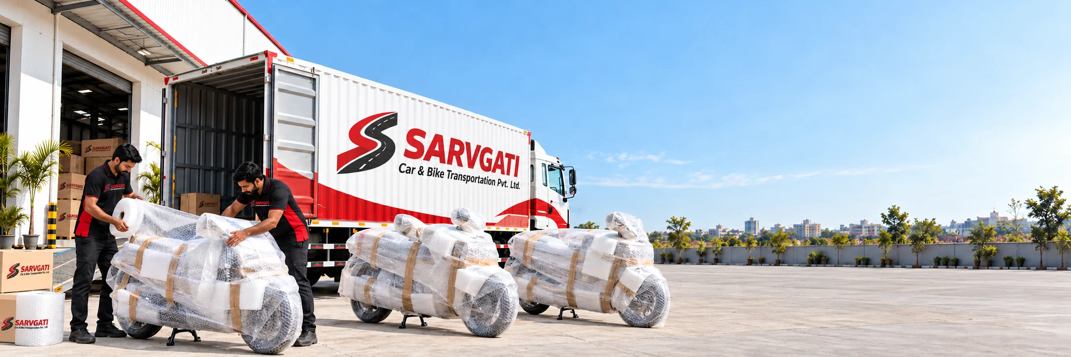 Illustration: Sarvgati team packing motorcycles beside a branded carrier