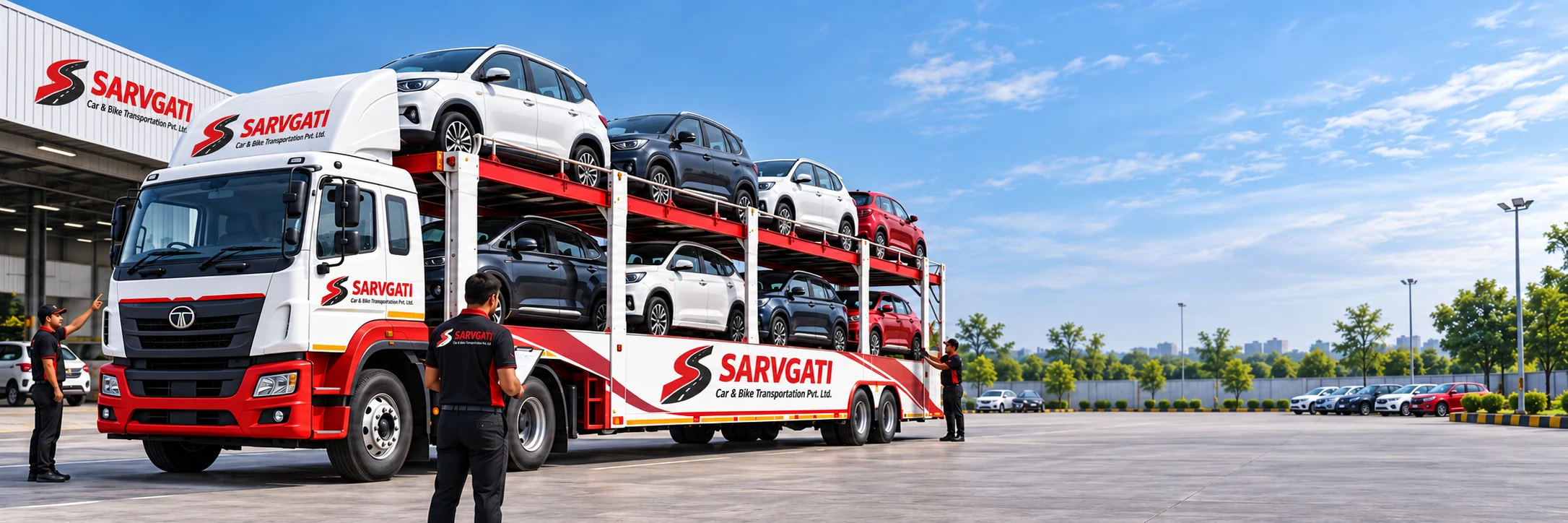 Illustration: Sarvgati-branded car carrier and transport team