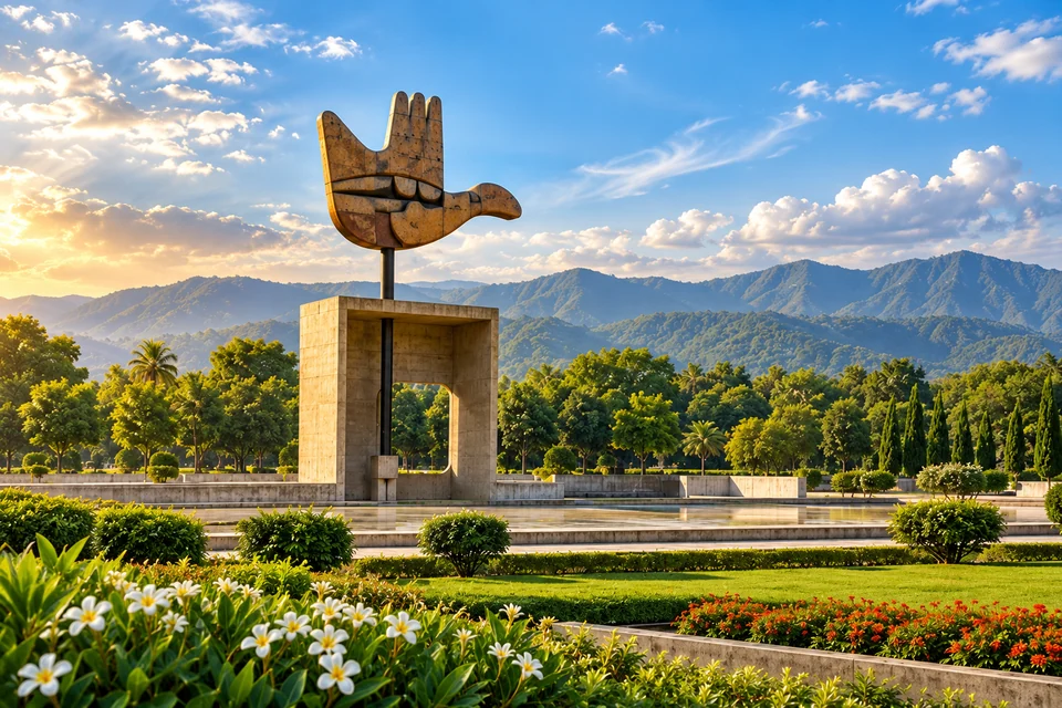 Illustration: Illustrative city view of Open Hand monument in landscaped grounds with distant Shivalik foothills