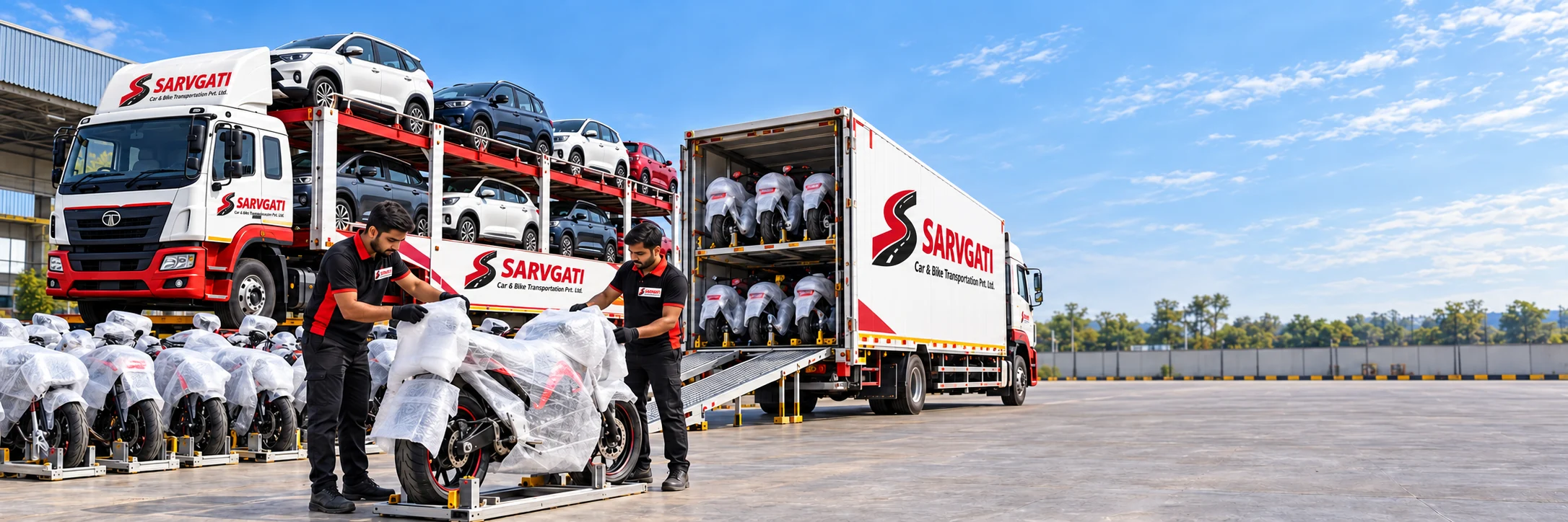 Illustration: Sarvgati car carrier and team protectively packing motorcycles