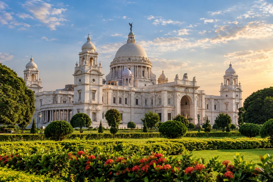 Illustration: Illustrative city view of Victoria Memorial marble facade with gardens