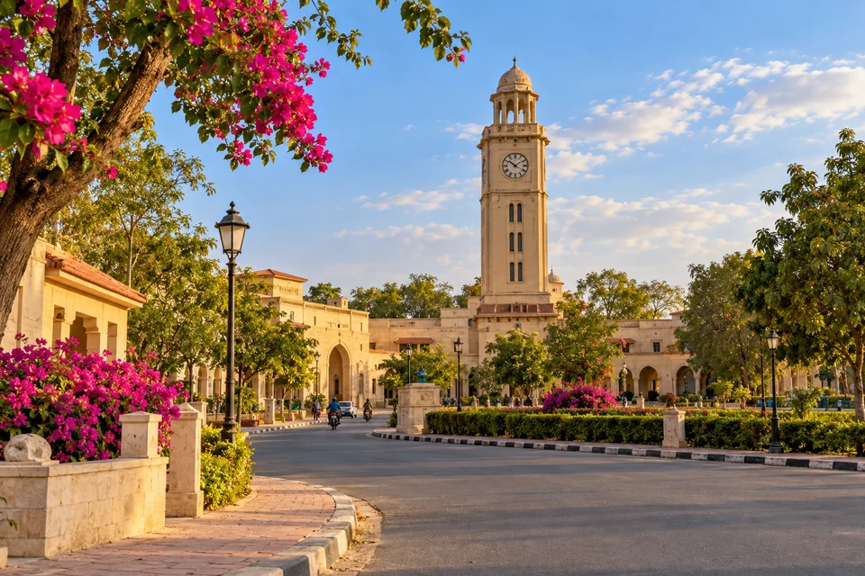 Illustration: Illustrative city view of Pilani Rajasthan educational town streetscape with pale sandstone architecture and flowering trees