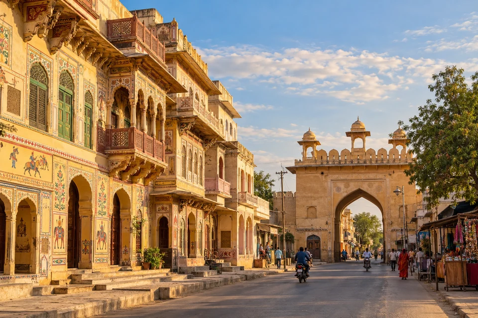 Illustration: Illustrative city view of Sadulpur Rajasthan town streetscape with traditional painted havelis, dry climate and warm sandstone textures