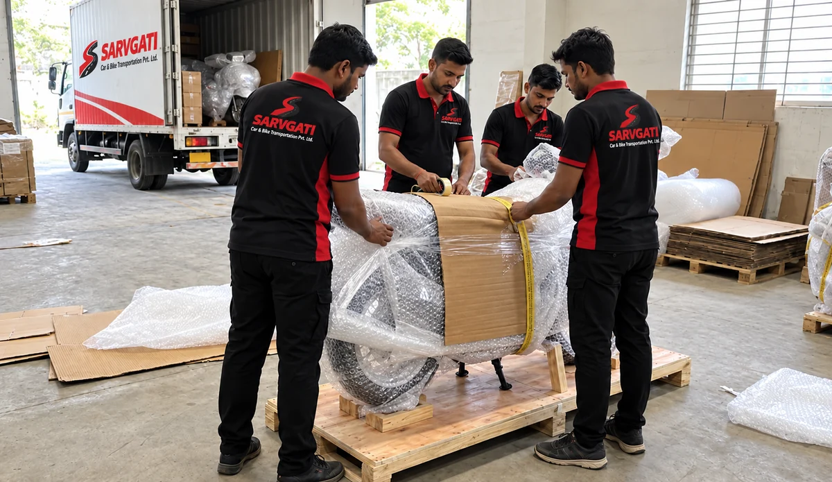 Illustration: Sarvgati team applying protective foam, bubble wrap and cardboard to a motorcycle