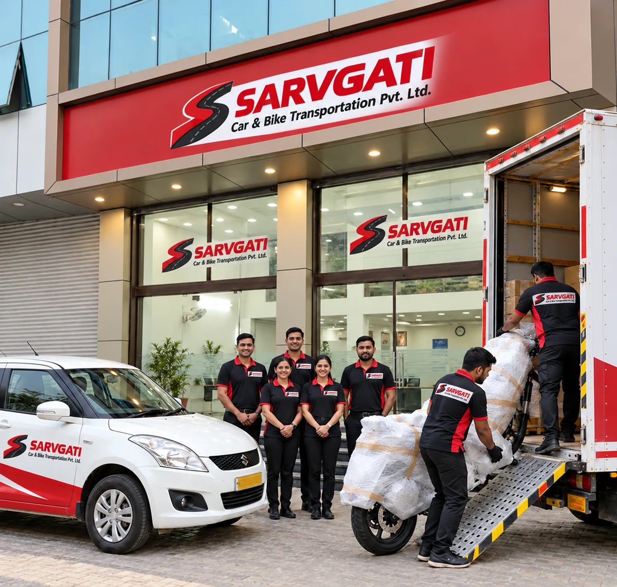 Illustration: Sarvgati Car & Bike Transportation Pvt. Ltd. team with a car and bike outside their office