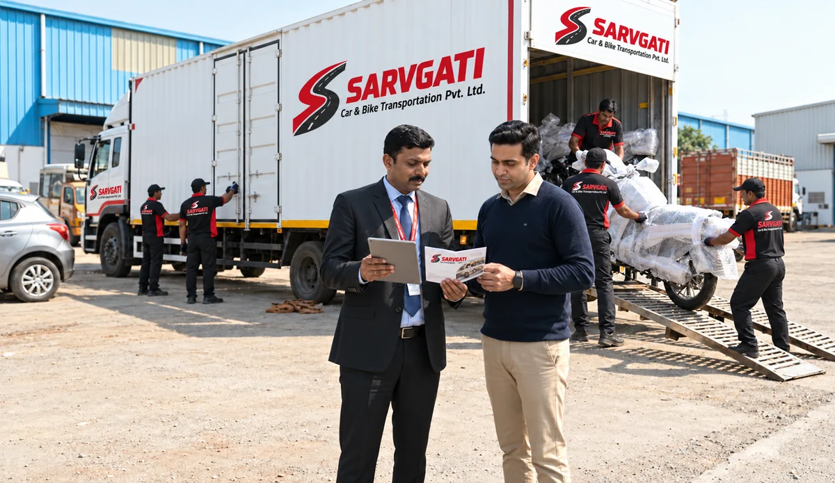 Illustration: Sarvgati representative reviewing vehicle transit paperwork with a customer