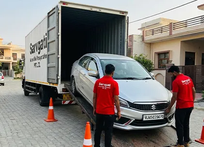 Car with RJ registration being safely unloaded from enclosed container truck